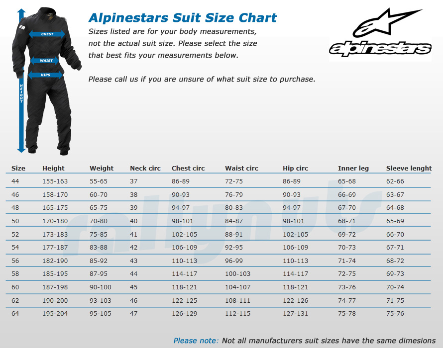 Alpinestars Suit Size Chart