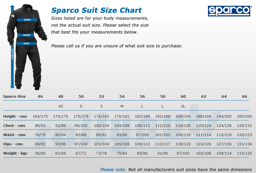 Sparco Fire Suit Size Chart