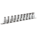 Facom 7-piece 3/8 metric 12-point long-reach sockets set on rack JL.41E