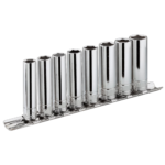 Facom 8-piece 3/8 inch 12-point long-reach sockets set on rack JL.40U